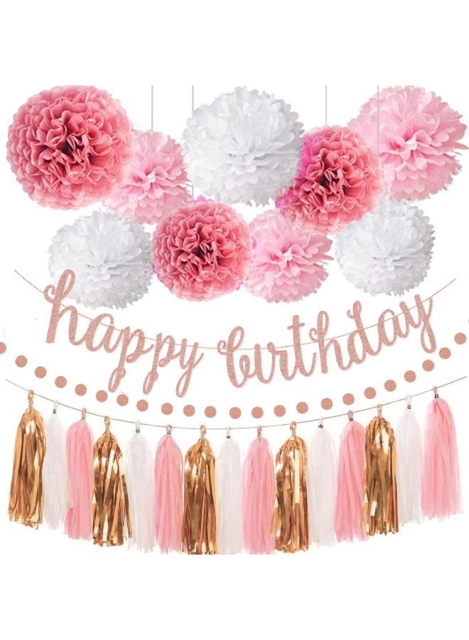 Mordely Pink Rose Gold Birthday Party Decorations Set, Rose Gold Glittery Happy Birthday banner, Tissue Paper Pom, Circle Dots Garland, and Tassel Garland for Birthday Party Decorations - Image 1